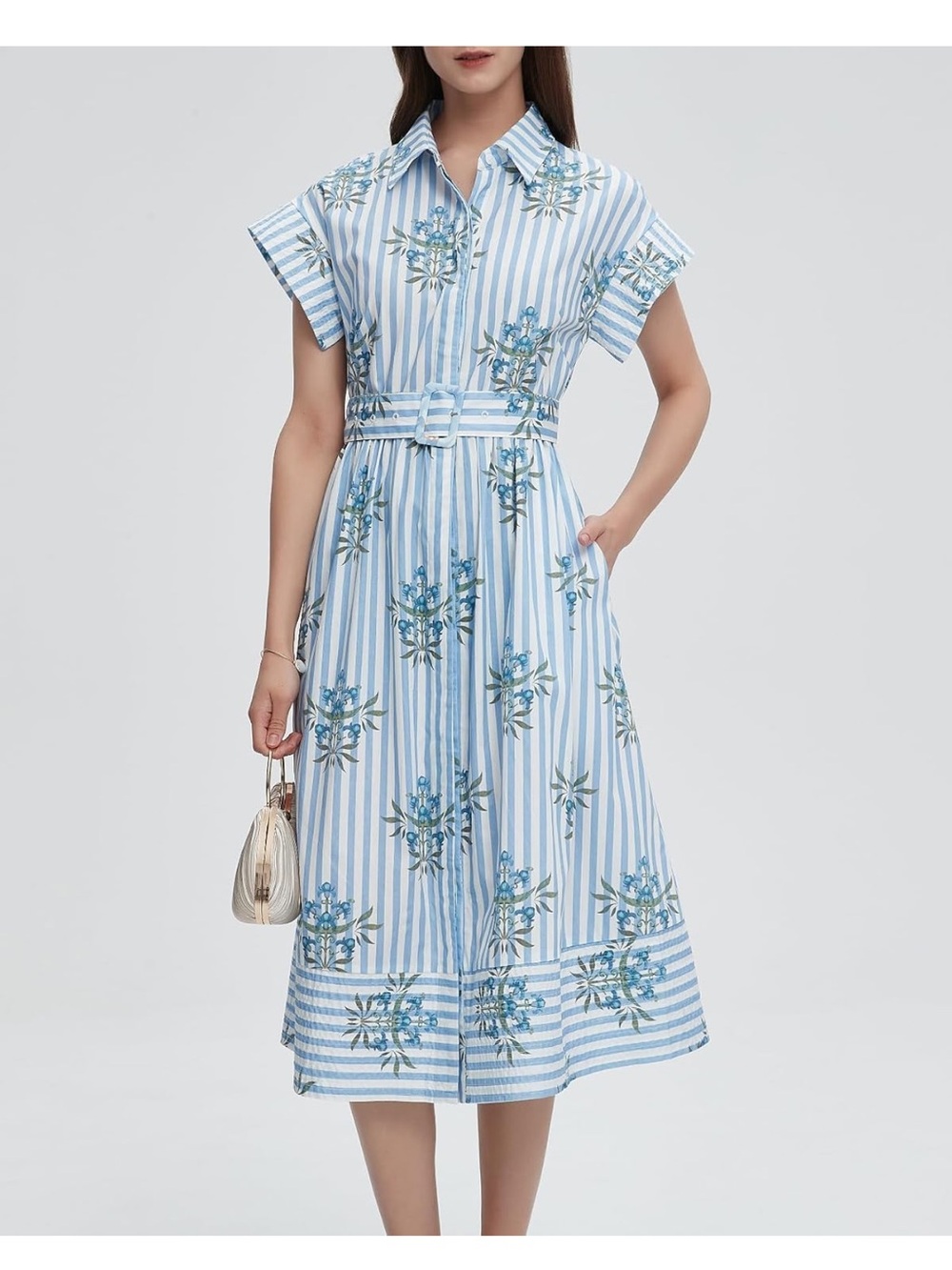 NWT Blue & White Striped Floral Shirt Dress with Belt Size Small